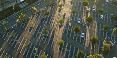 A mostly empty parking lot with scattered cars and long shadows from trees.