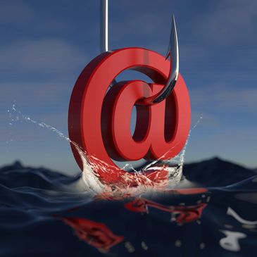 A red @ symbol caught on a fishing hook in water.