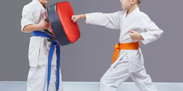 Two children practicing karate with protective gear and belts.