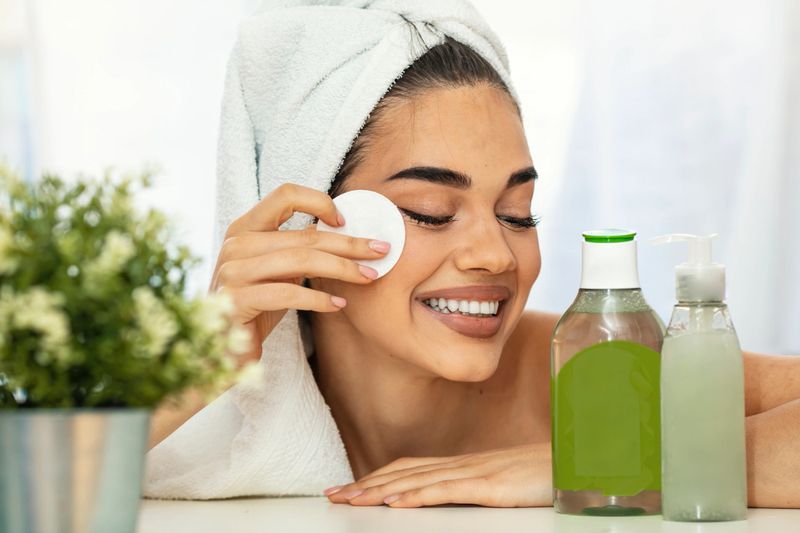 Portrait of happy smiling beautiful young woman cleaning skin by cotton pad, at home. Close up beauty portrait of a young beautiful woman cleaning her face with a cotton pad