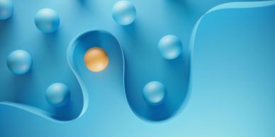 Blue waves with floating blue spheres and one orange sphere.
