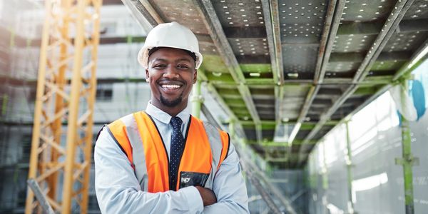 Confident construction engineer smiling at a building site.