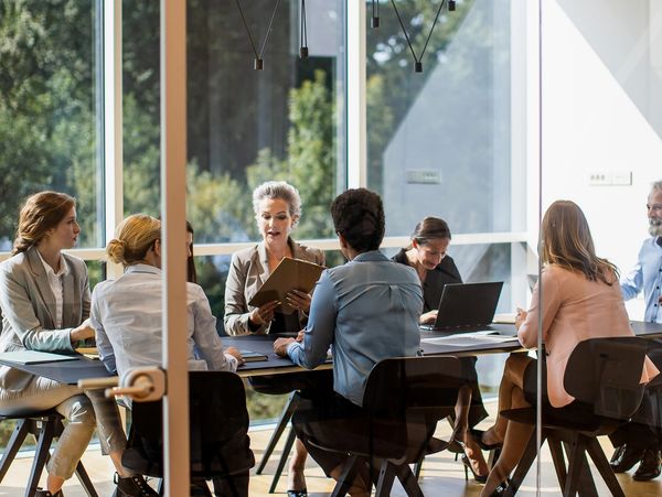 Group of professionals having a meeting in a bright conference room.