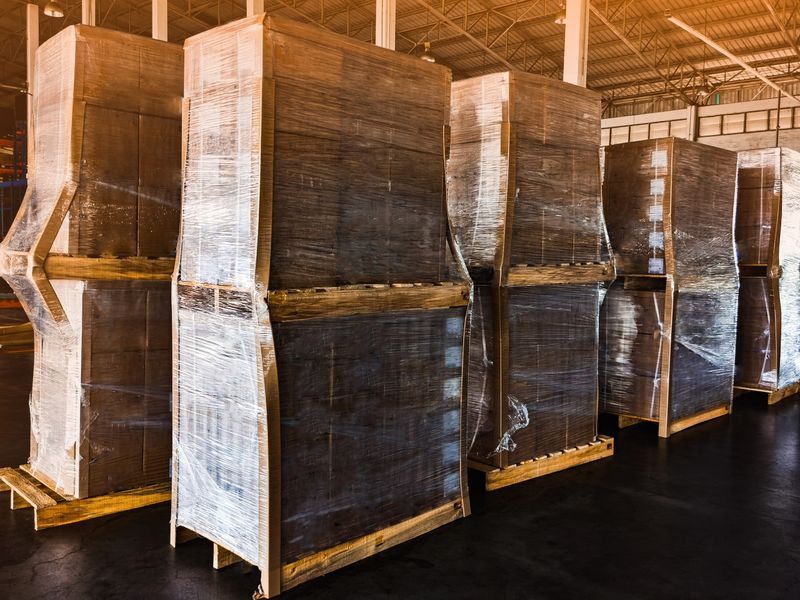 Worker driving forklift loading shipment carton boxes goods on wooden pallet at loading dock from container truck to warehouse cargo storage in freight logistics, transportation industrial, delivery