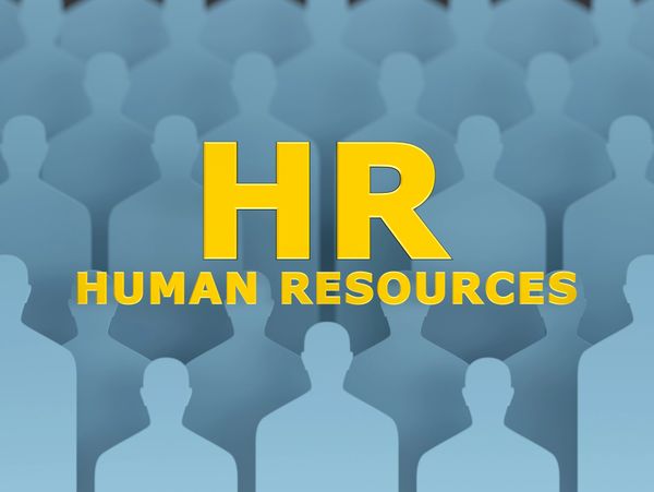 Graphic with yellow text 'HR Human Resources' over silhouettes of people.