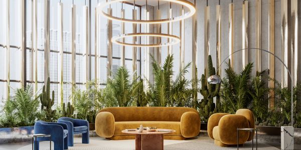 Modern living room with mustard sofas, blue chairs, and lush greenery under circular lights.