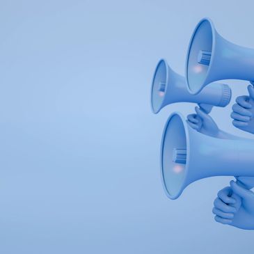 Three blue hands holding megaphones against a blue background.