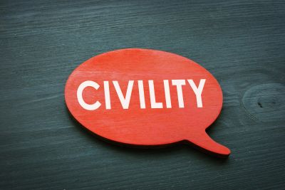 Red speech bubble with the word 'CIVILITY'.