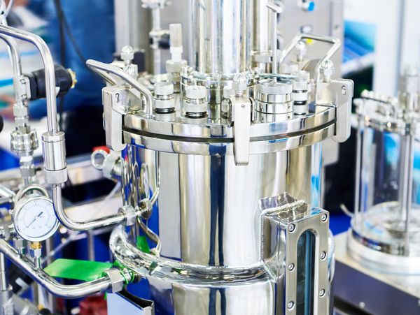 Close-up of a shiny stainless steel industrial machine with gauges and pipes.