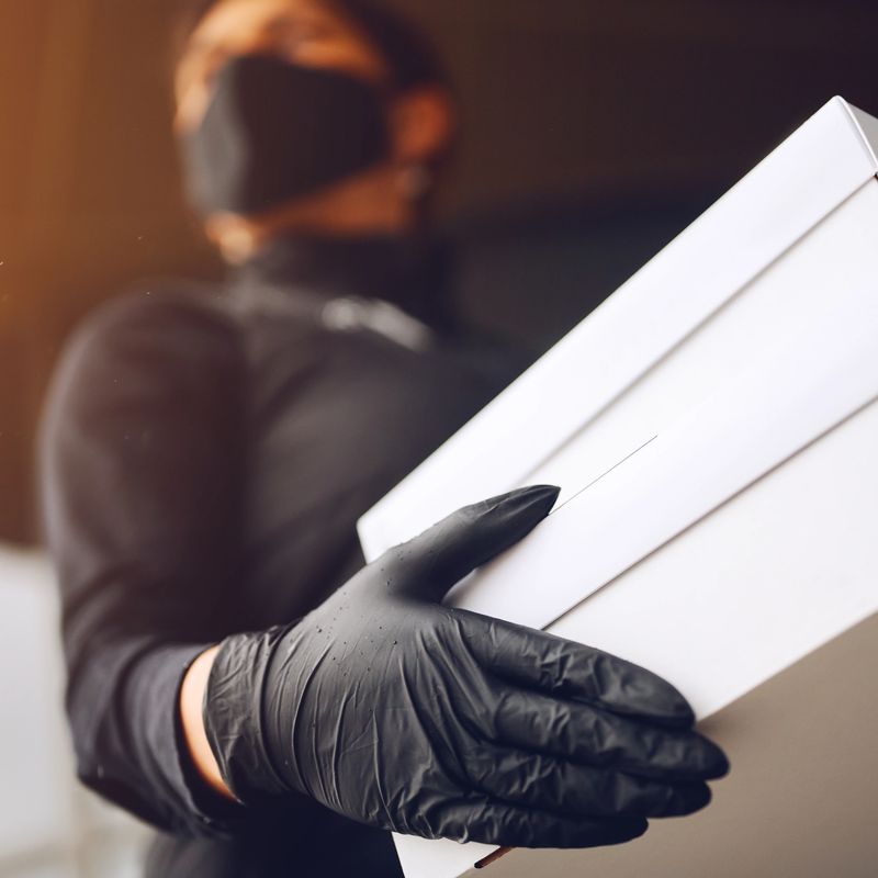 Young delivery worker in face mask and gloves holding white cardboard box outdoor