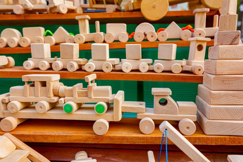 Children's eco handmade vintage wooden toys various models of train, truck, car, vehicle.