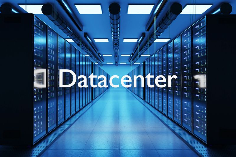 datacenter logo in large modern data center multiple rows of network internet server racks, 3D Illustration