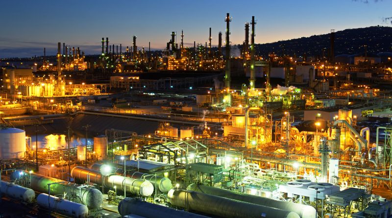 Aerial view of an petrochemical plant in Wilmington, an industrial area of Los Angeles, California at sunset.