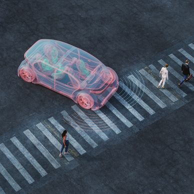 A graphic of a futuristic EV approaching a crosswalk with pedestrians crossing showing sound waves.