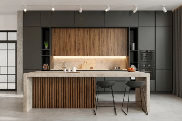 Cocina moderna con isla y sillas negras.