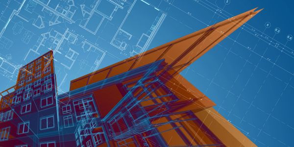 Abstract architectural design with building outlines and blueprints.