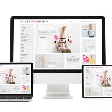 Online boutique shop displayed on multiple devices including desktop, laptop, tablet, and smartphone.