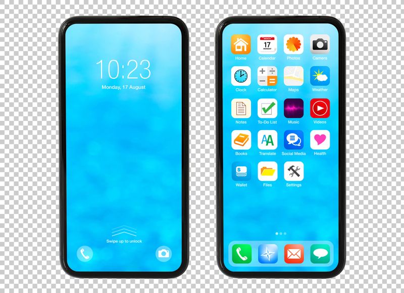 Modern smart phone mockup with sample home screens. User interface and app icons are completely made up.