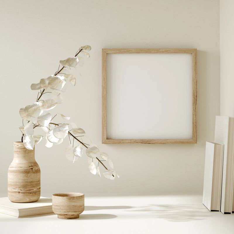 Mock up frame close up in home interior background, Boho style, 3d render