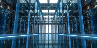 Futuristic data center corridor with illuminated server racks and reflective floor.