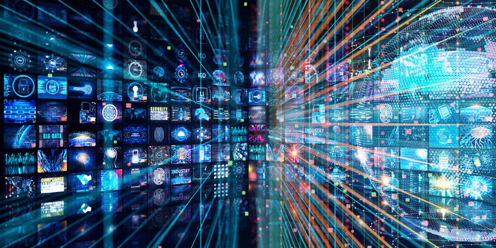 Digital screens showcasing innovation and media.