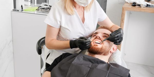 Dentist examining a male patient's teeth in a clinic.
