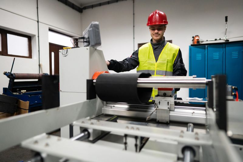Young man, factory worker, working in a factory for the production of conveyor belts/endless rubber bands and belts.