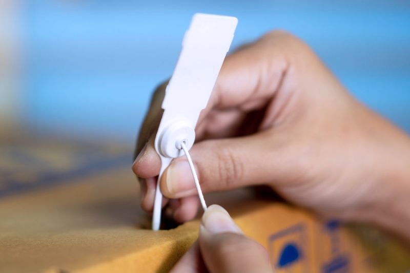 Hand of woman is using a white plastic seal to lock the brown paper box to prevent the document box being illegally opened.