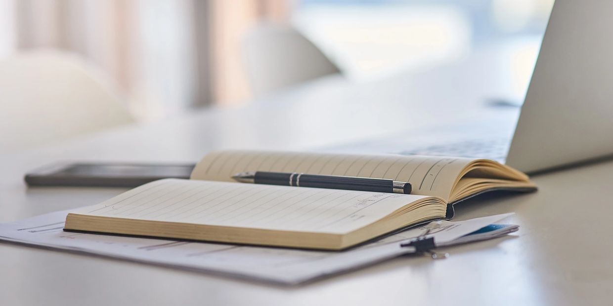 notebook and pen on a table next to a laptop