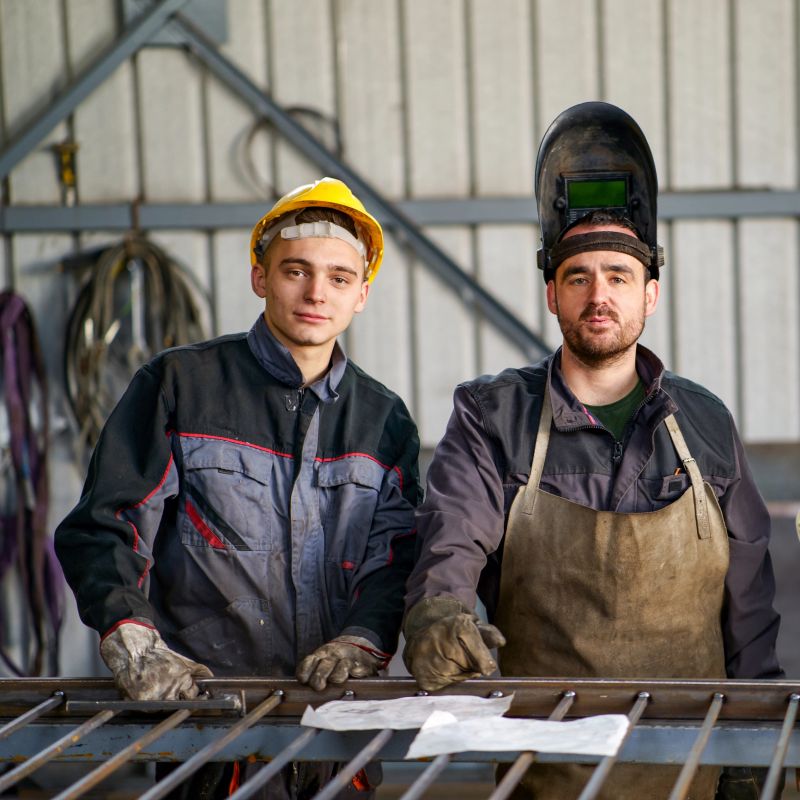 Professional welder in a factory welding steel bars.