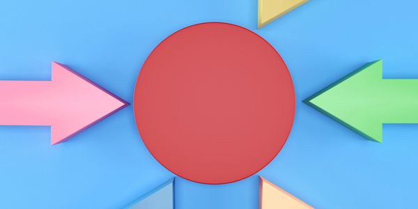Colorful arrows pointing towards a central red circle on a blue background.
