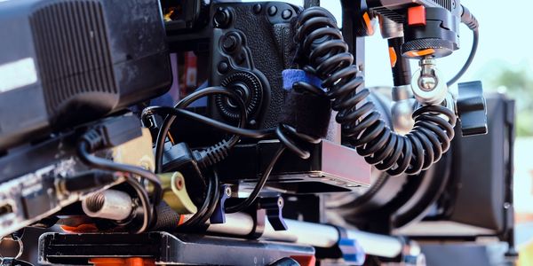 Close-up of a professional video camera setup with cables and accessories.