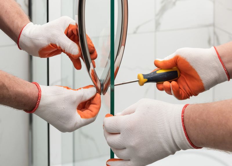 Workers are mounting door handles of the shower enclosure.