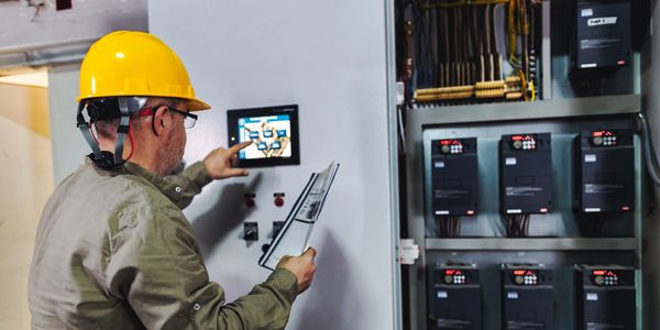Electrician working on control panel with touchscreen and checklist.