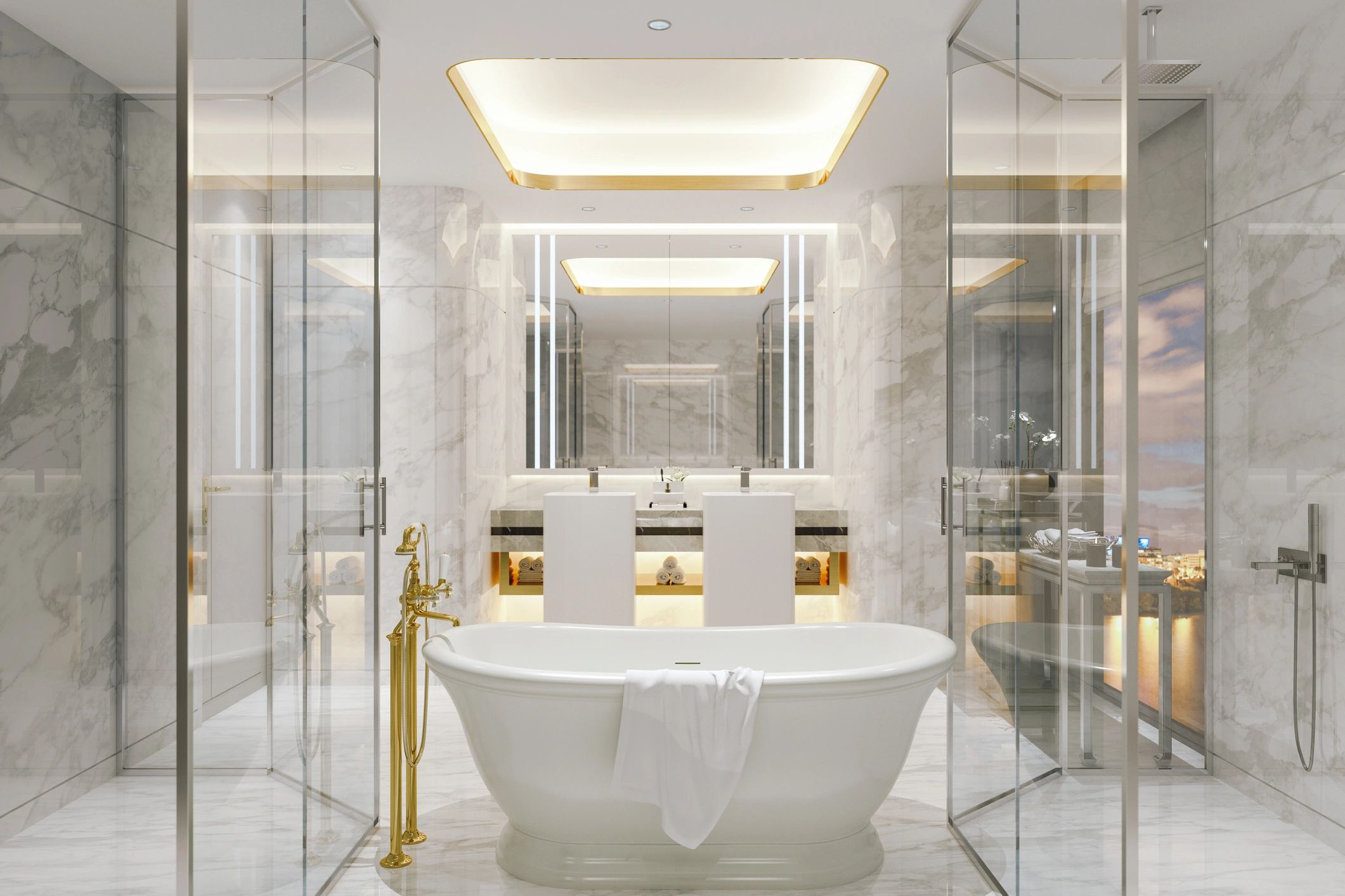 Luxurious marble bathroom with freestanding tub and gold fixtures.