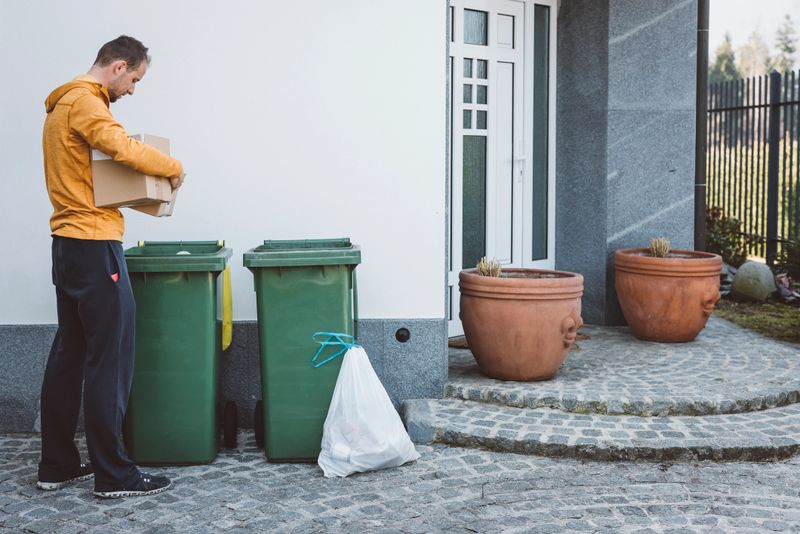 Young caucasian man taking out the trash. Environmental issues. Reuse, reduce, recycle.