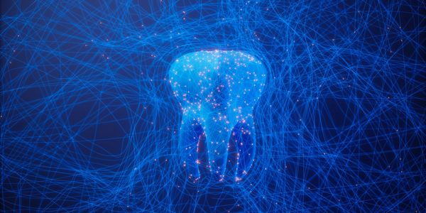 Digital representation of a tooth surrounded by blue neural network lines.