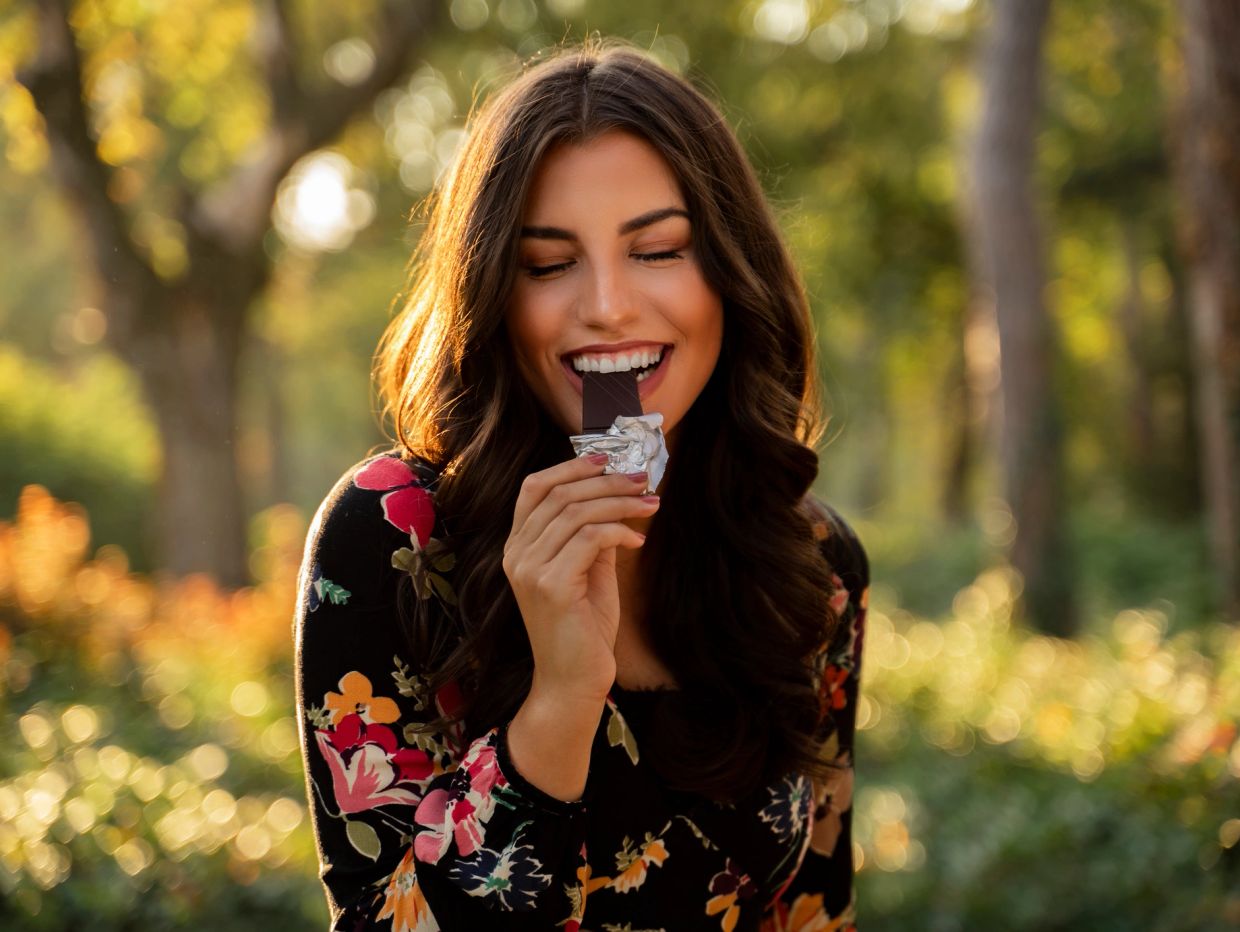 A woman joyfully bites into a chocolate bar outdoors in warm sunlight.