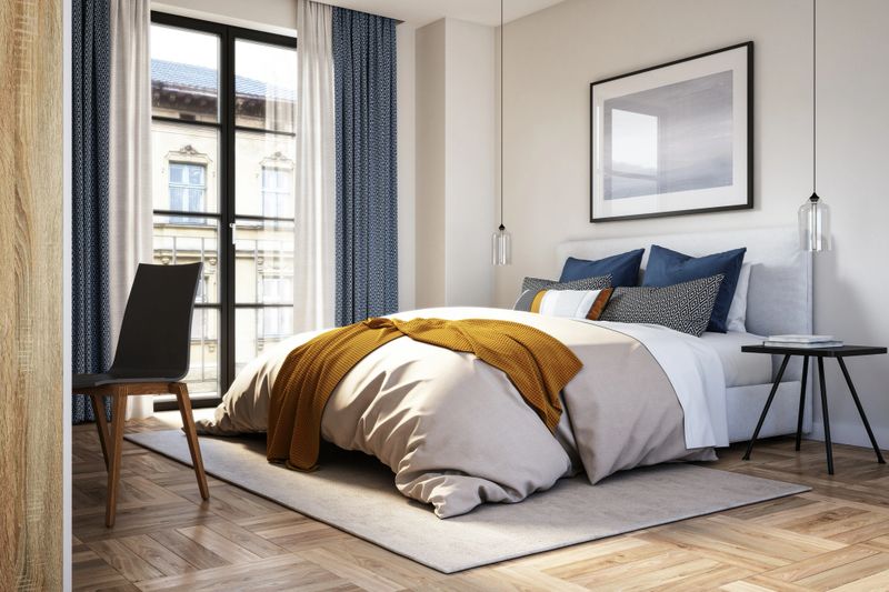Modern interior of bedroom with beige, blue and yellow colors, 3d render