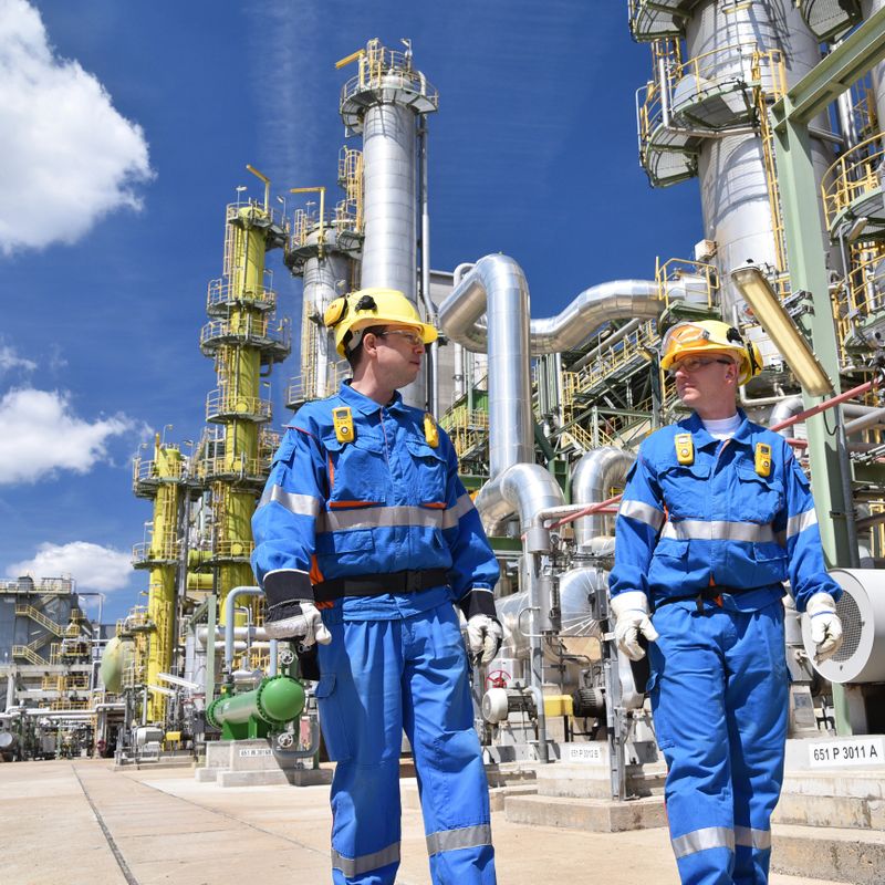 group of industrial workers in a refinery - oil processing equipment and machinery