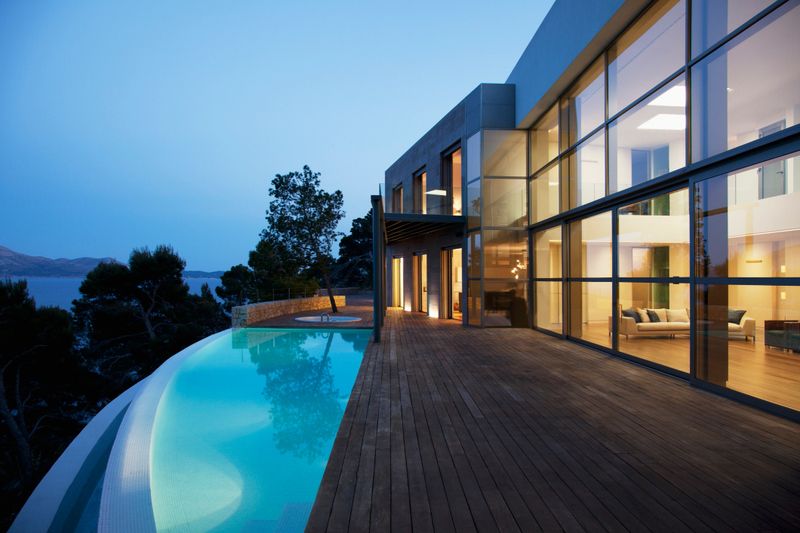 Pool outside modern house at twilight