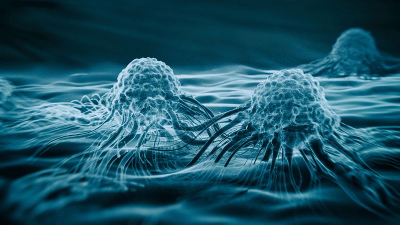 Hologram Cancer cells view - 3d rendered image, enhanced scanning electron micrograph (SEM) of cancer cell. Visual of overall shape of the cell's surface at a very high magnification.  Medical research concept.