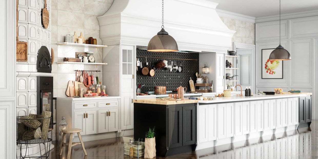 Elegant modern kitchen with white cabinetry, black island, and warm wooden accents.