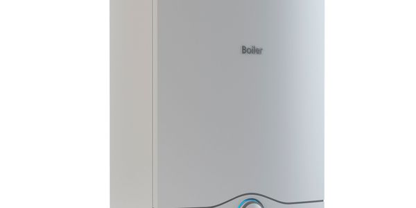 Modern white boiler with a blue control dial on the front.