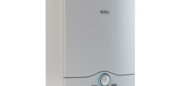 Modern white boiler with a blue control dial on the front.