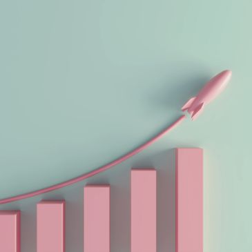 Pink rocket ascending along a rising bar graph against a pastel background.