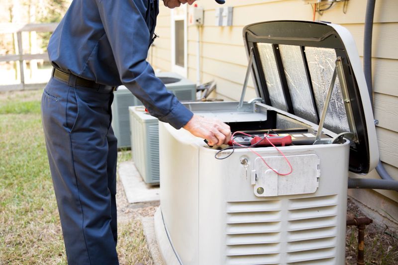 Senior Adult air conditioner Technician/Electrician  services outdoor AC unit and the Gas Generator.  He is doing a complete service check up on both of the outside  air conditioning units and the stand by generator.