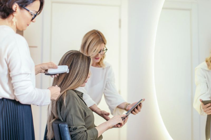 Beautiful woman at the hair salon having consultations and analyzing hair before the treatment. She is explaining how she takes care of her hair and the hairdresser is doing a survey. They are examining clients hair with a digital device.