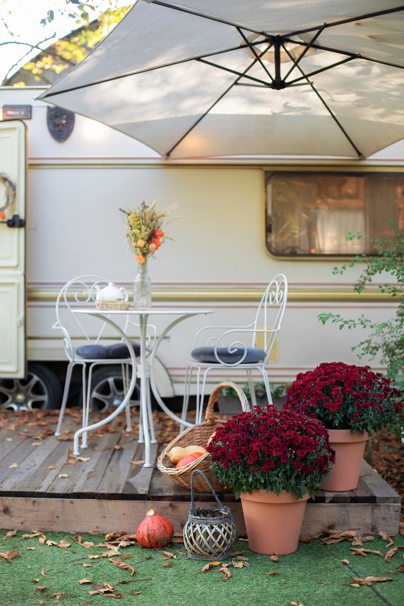 Interior cozy patio with chrysanthemums in pots. Table and chairs with tea set  placed outside cozy retro caravan trailer in garden. cozy wooden RV house porch with garden furniture. Decor summer yard