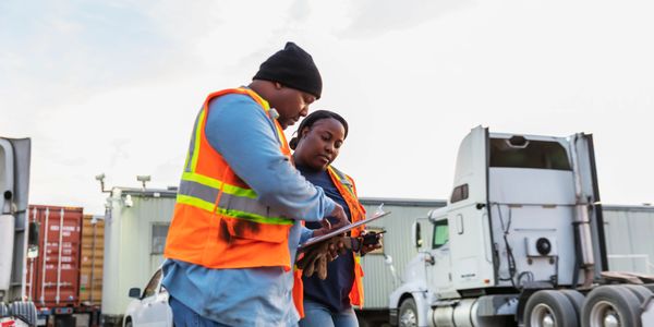 Two workers in safety vests checking a tablet near trucks.
